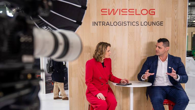 Automation expert, Steve Dimitrovski, and host, Emily Rice, filming for Intralogistics Lounge episode.