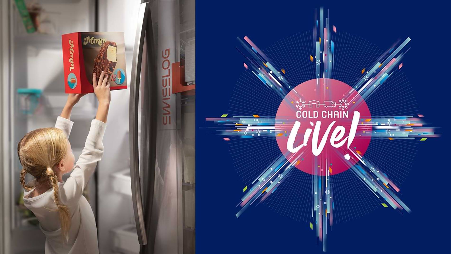 A split image with the left side showing a person reaching for a box of ice cream from an open freezer, with pallet ASRS showing in the reflection and the right side displaying a colorful graphic with the text “COLD CHAIN LIVE!”