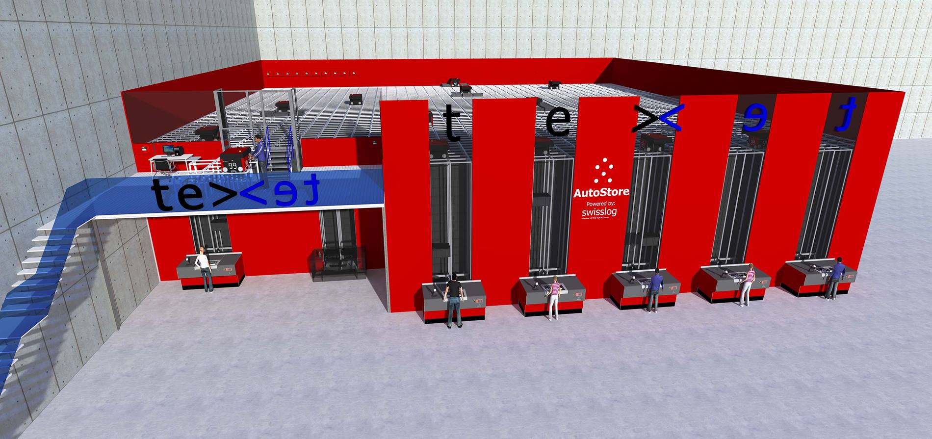 Het AutoStore systeem bij Texet telt 30.000 opslagbakken, 18 robots, 6 werkstations voor de invoer en orderpicking van artikelen.