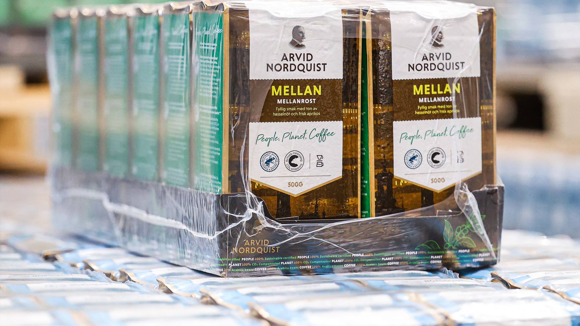 Palletized Arvid Nordquist coffee products prepared for storage and distribution in the automated warehouse