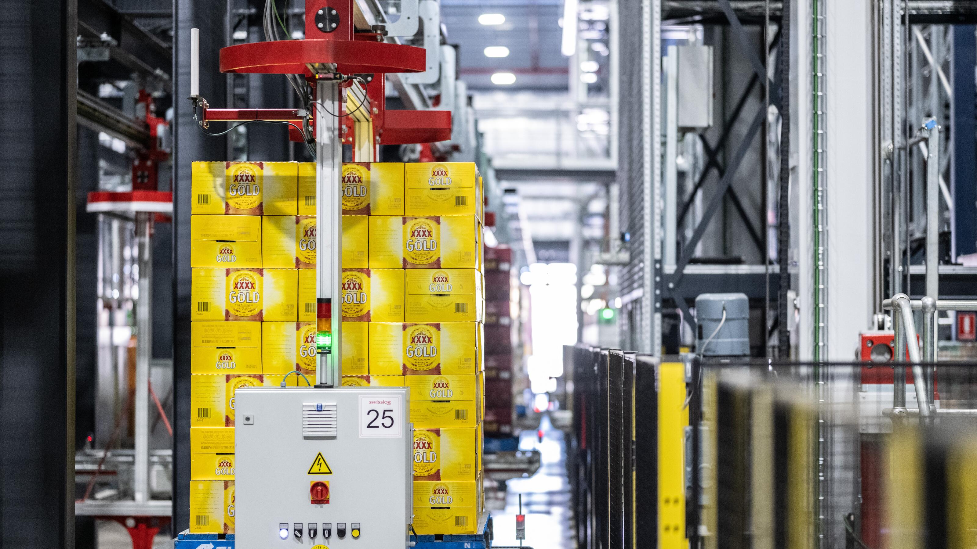 Automated monorail transport system moving pallets through a high-density warehouse distribution centre.
