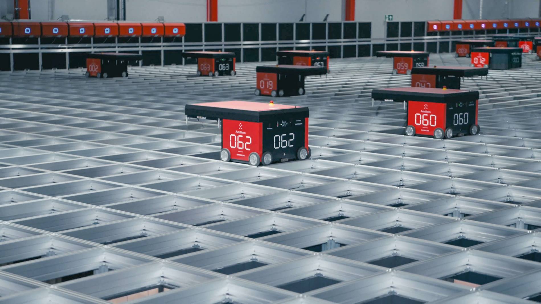 AutoStore robots operating in an automated storage and retrieval system at Nowaste Logistics warehouse