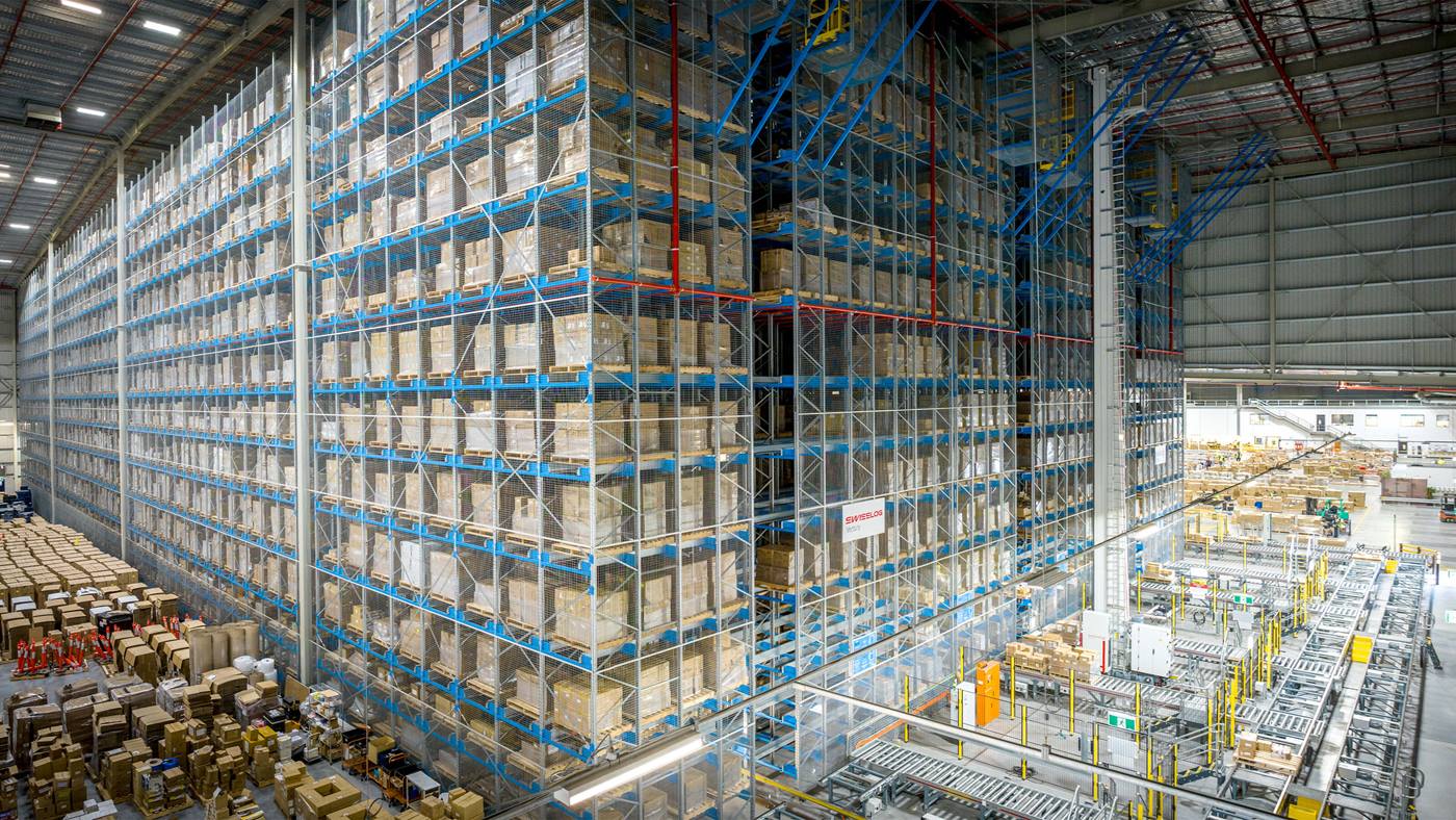 Swisslog Vectura pallet ASRS with automated stacker crane handling pallet storage in a high-bay warehouse