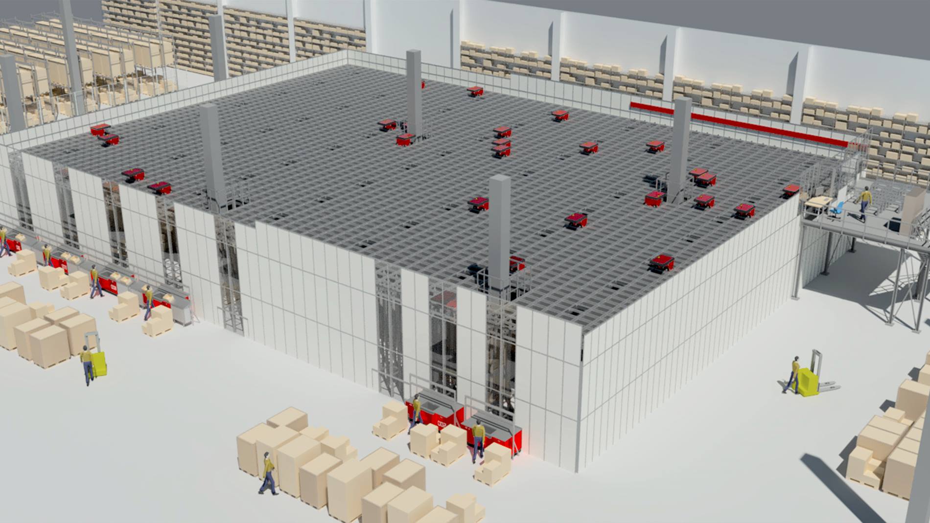 Rendering of Swisslog AutoStore solution for Pengo in Italy, showcasing an automated warehouse system with red robots on a grid structure, surrounded by storage racks and workers handling packages.