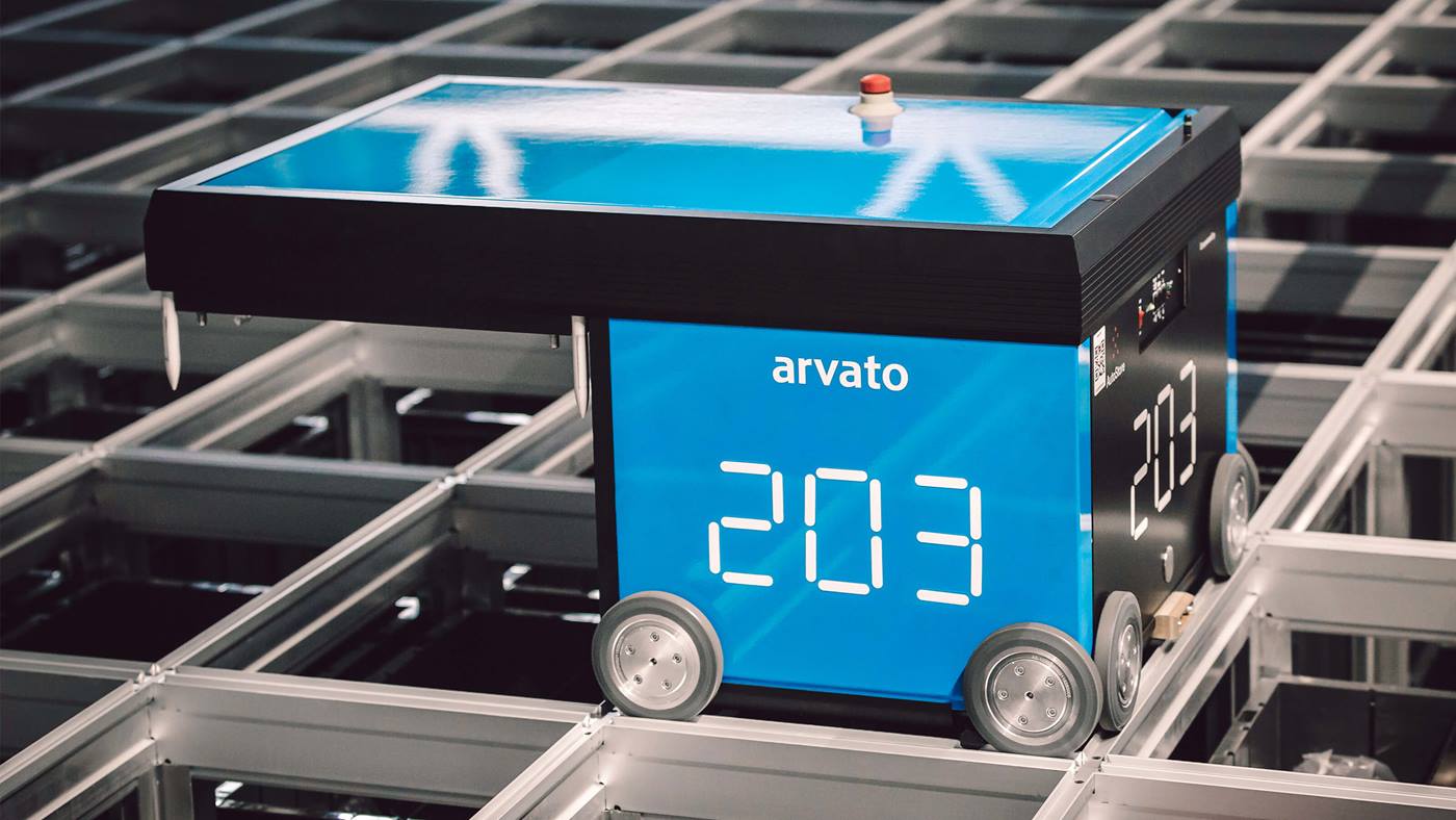 AutoStore system robot empowered by Swisslog at Arvato facility