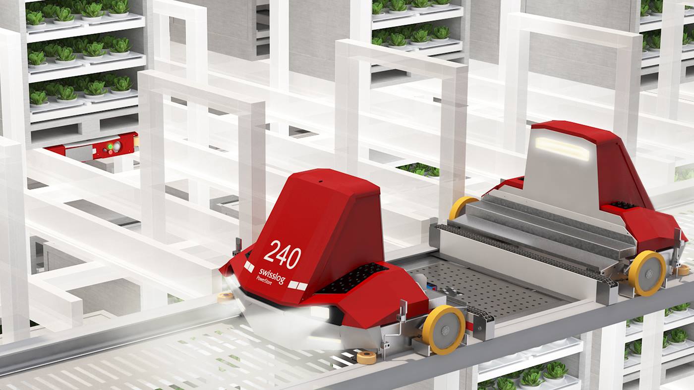 Swisslog PowerStore shuttle in vertical farming facility