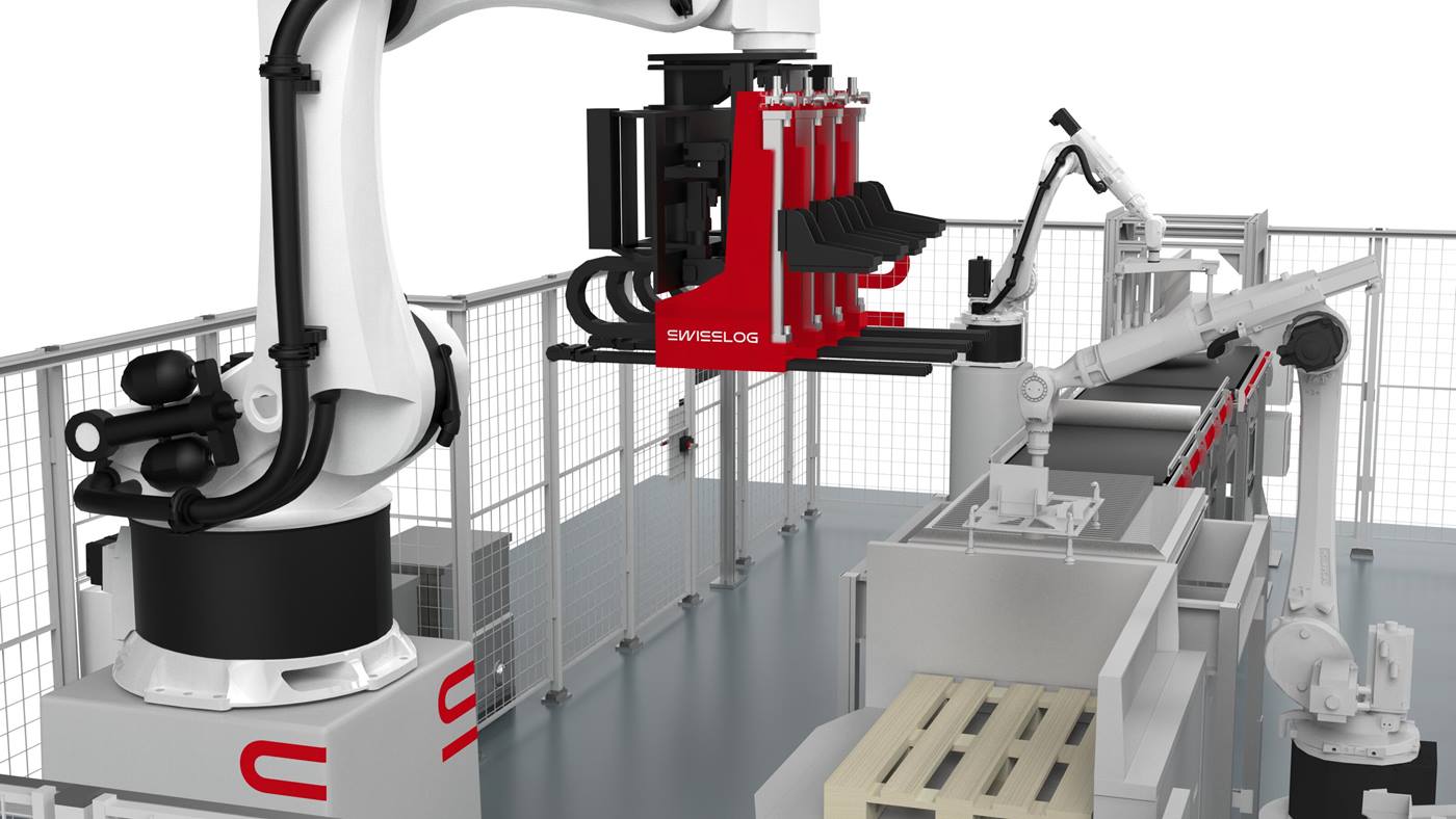 Automated case palletizer ACPaQ combines KUKA robot based palletizing and Swisslog technology.