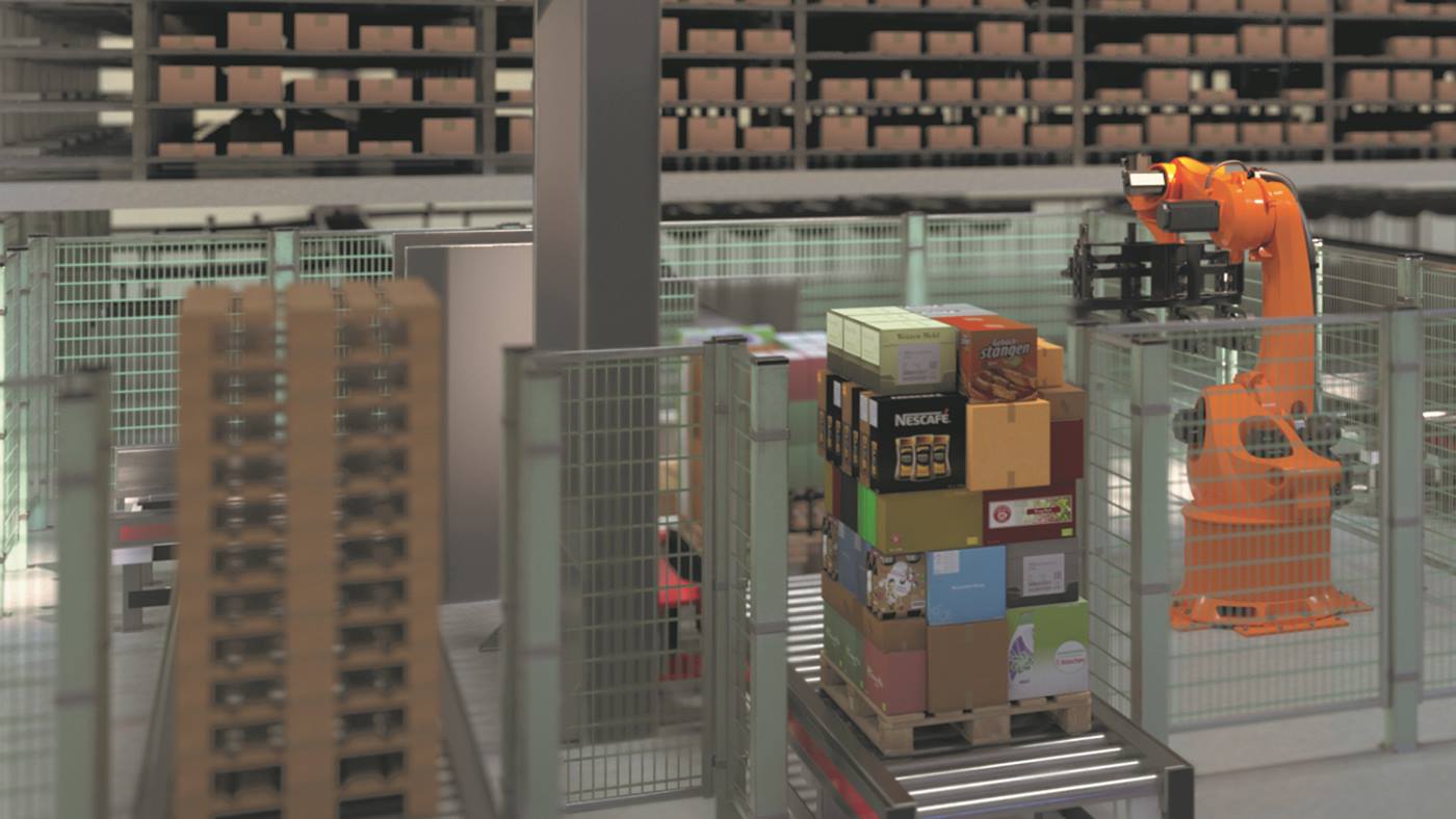ACPaQ case palletizing combines KUKA robots and Swisslog shuttle technology 