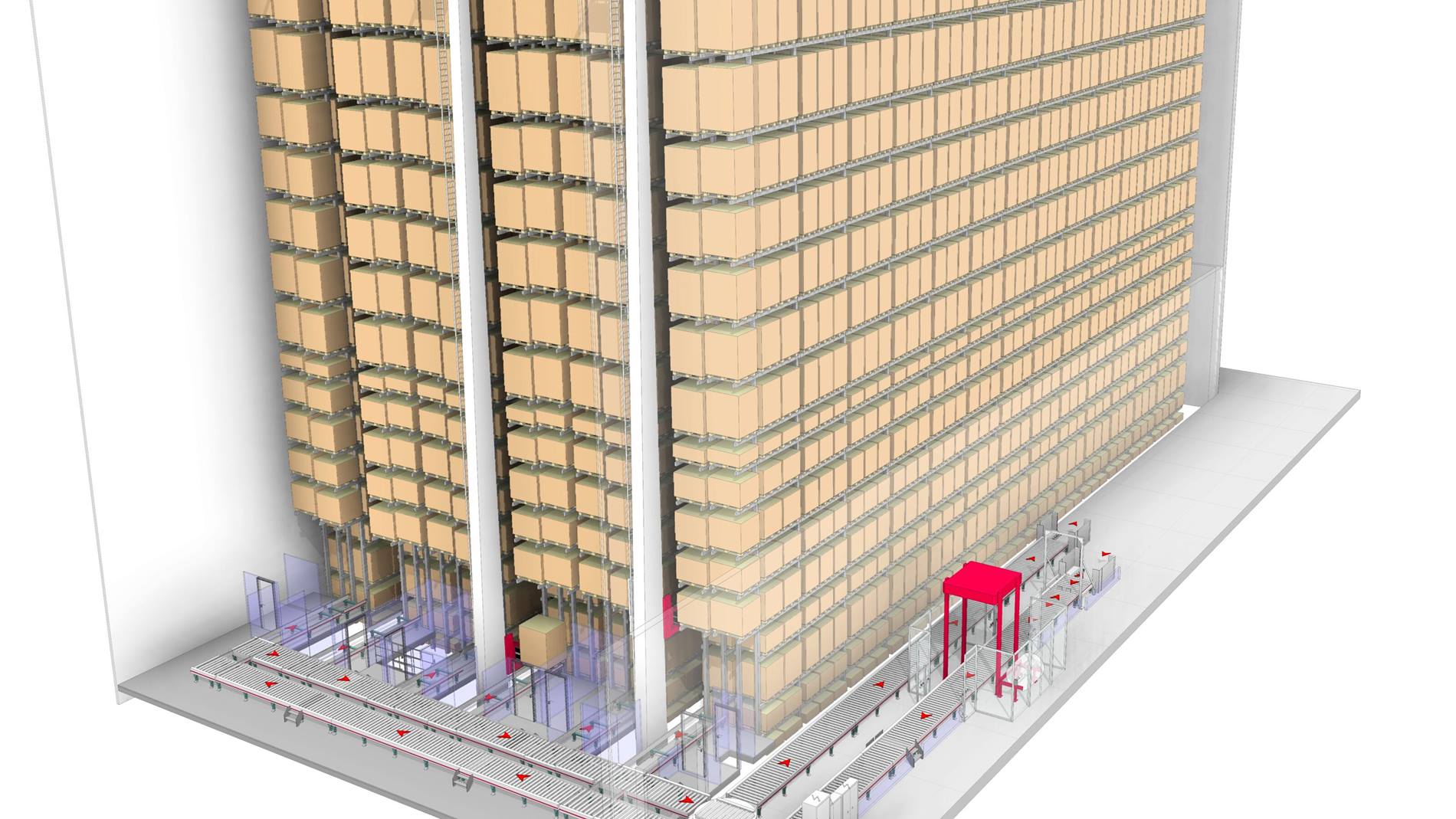 3D model of a high bay warehouse featuring an ASRS system with multiple levels of shelving units designed for pallet storage. Conveyor belts and automated machinery are visible at the base, optimizing efficient storage and retrieval operations.