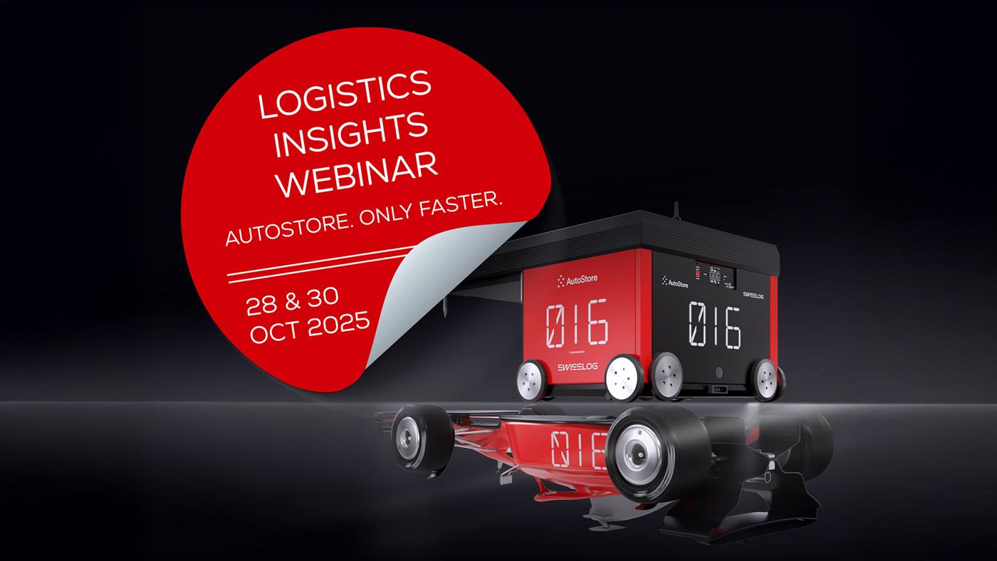 A promotional graphic featuring a red and black AutoStore robot, positioned on a reflective surface which reflects a race car underneath the robot. To the left, a large red circular sticker with a curled edge reads: “LOGISTICS INSIGHTS WEBINAR – AUTOSTORE. ONLY FASTER. – 28 & 30 OCT 2025.