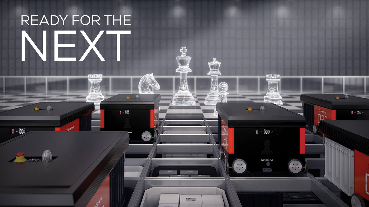 Swisslog AutoStore warehouse automation system with autonomous robots moving across a grid alongside chess pieces to represent strategic decision‑making.