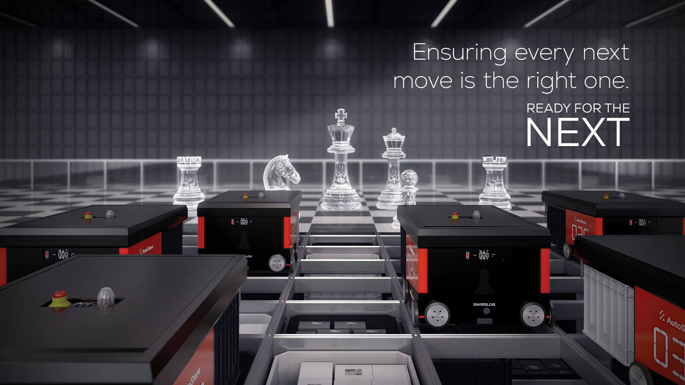 AutoStore robots navigating a grid system with transparent chess pieces symbolizing strategic warehouse automation, featuring Swisslog’s ‘Ready for the Next’ message.