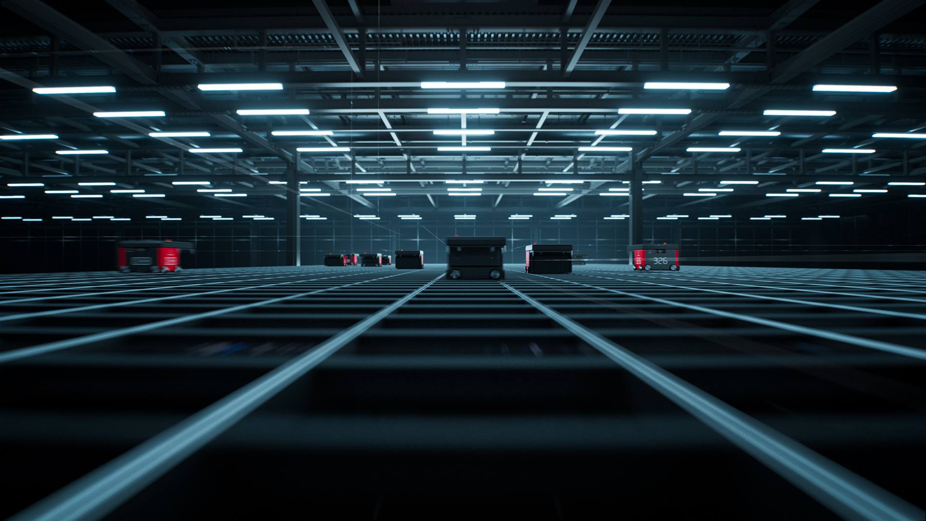 AutoStore redline robots in dark warehouse