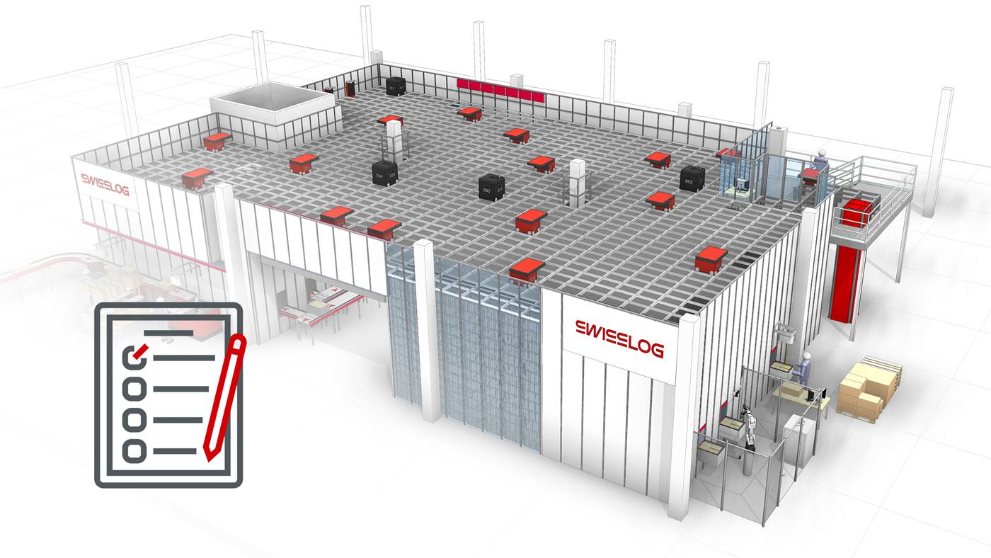 Rendering of Swisslog AutoStore solution showing all functions