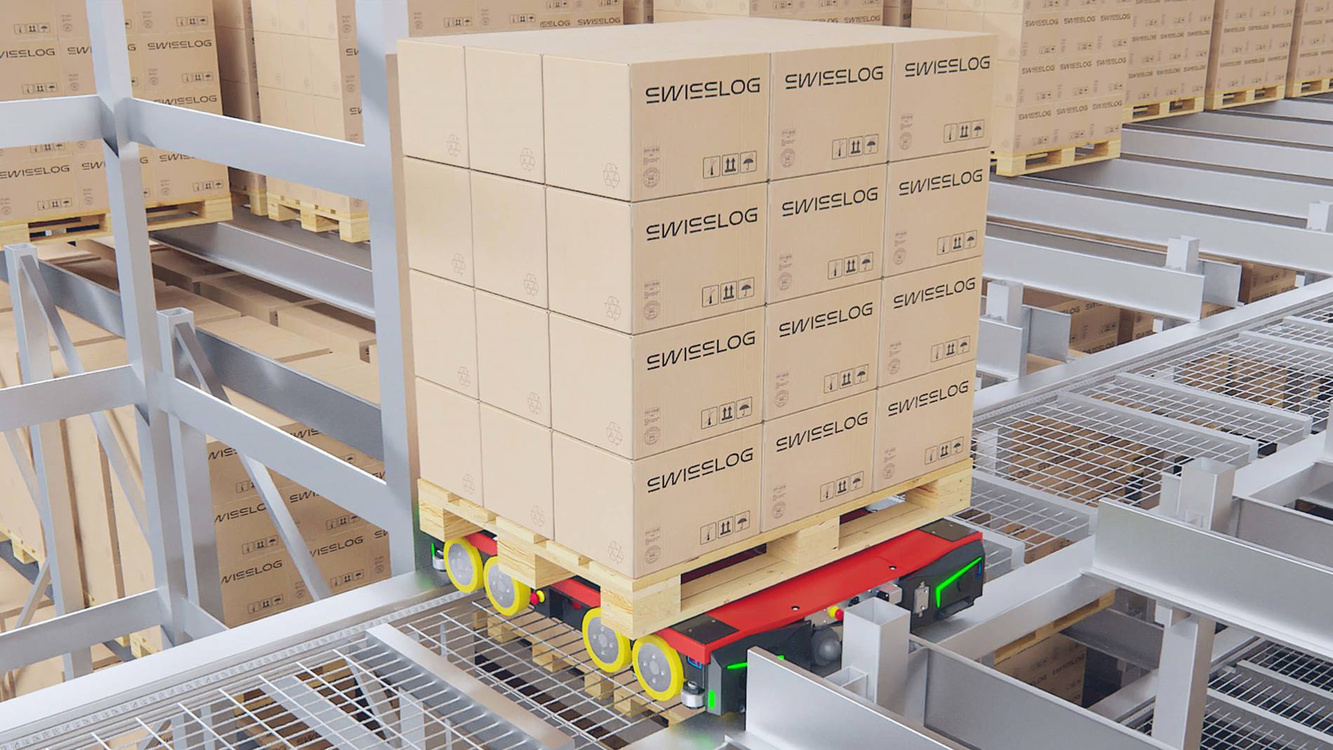 Close‑up of a 4‑way pallet shuttle transporting a loaded pallet within automated storage system, AgileStore.