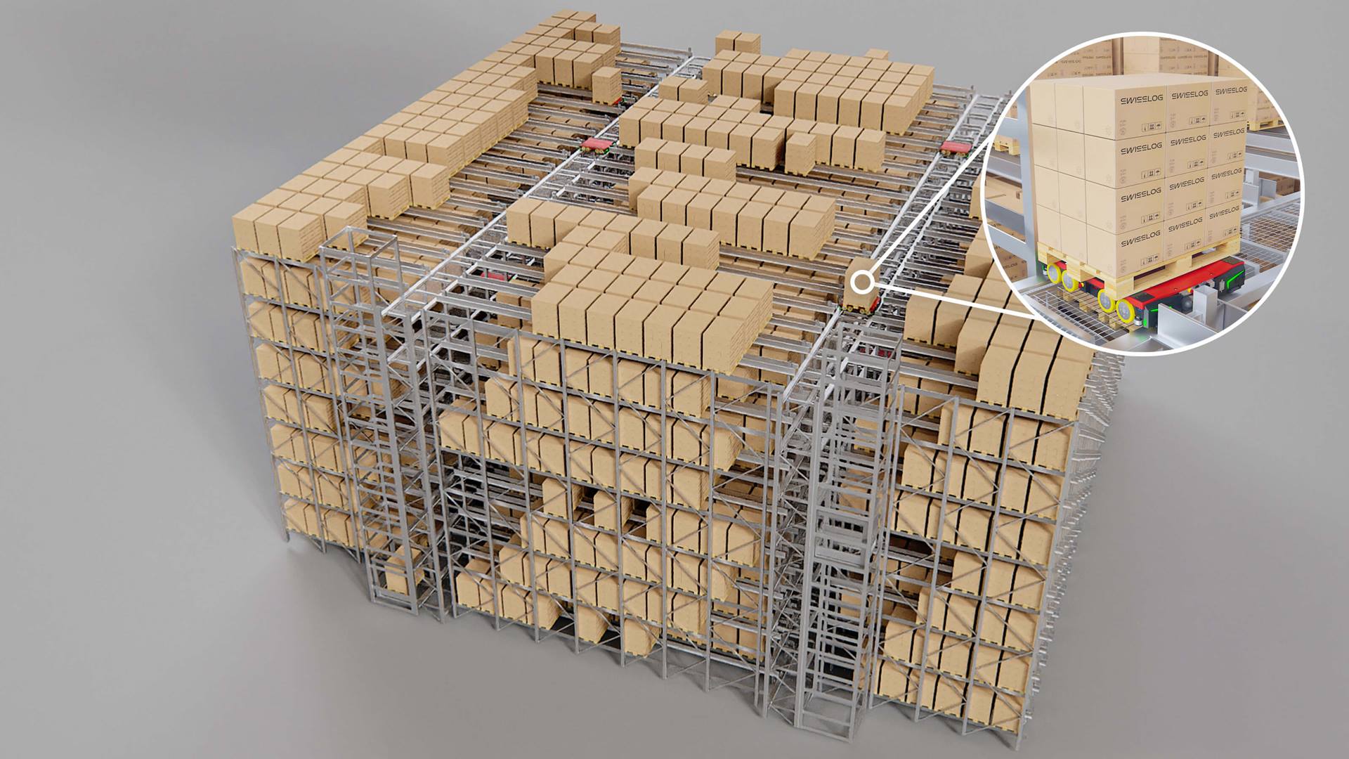 3D rendering of a 4‑way pallet automated storage and retrieval system, illustrating high‑bay racking, high‑density pallet storage, and multi‑directional shuttles transferring pallets across aisles and levels.