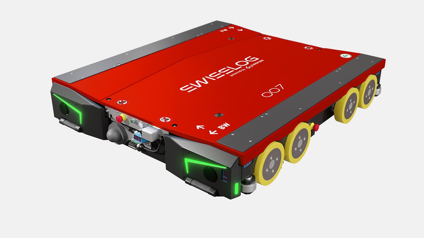 Close‑up of a 4‑way pallet shuttle transporting a loaded pallet within automated storage system, AgileStore.
