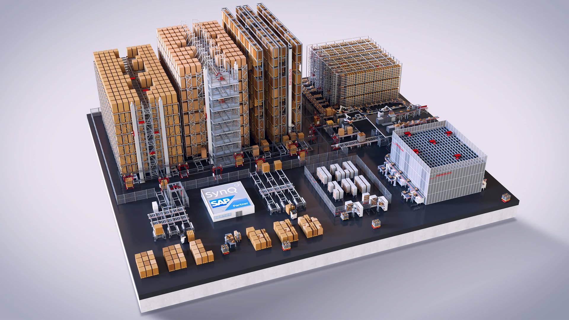 3D-visualisering af en Swisslog lagerautomationsløsning med automatiske lager- og pluksystemer, højttætte pallereoler, transportbåndsnetværk, robotbaserede plukkestationer samt integreret SAP EWM- og SynQ-software.
