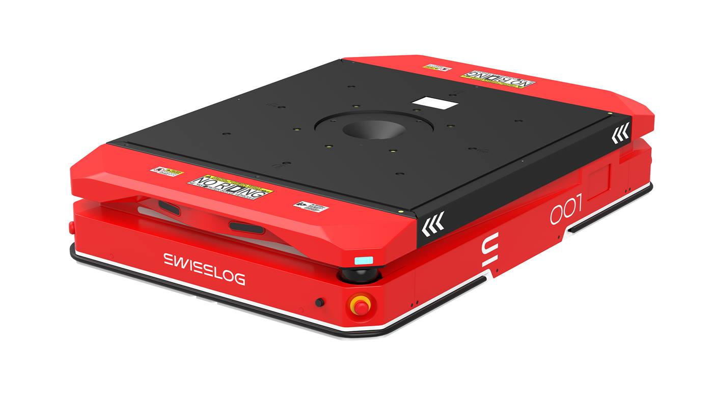 Swisslog AMR for payloads up to 1500kg, red and black autonomous mobile robot with Swisslog logo