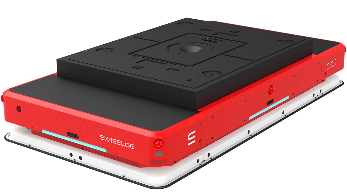 Swisslog AMR for payloads up to 3000kg, red and black autonomous mobile robot with Swisslog logo