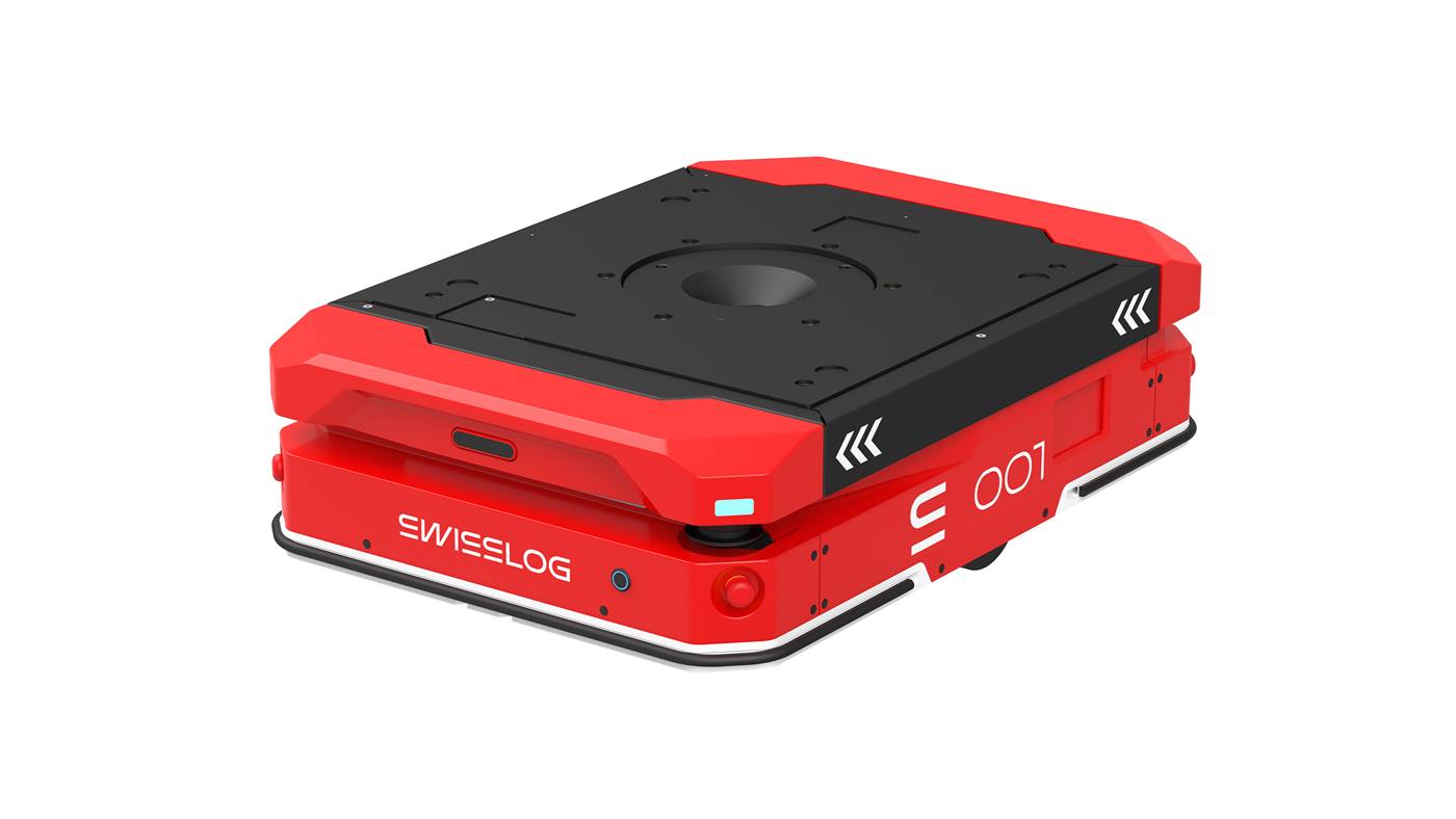 Swisslog AMR for payloads up to 600kg, red and black autonomous mobile robot with Swisslog logo