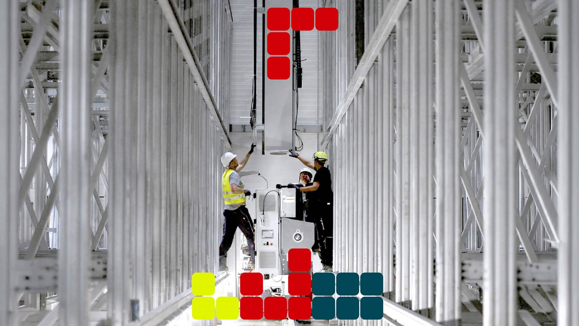 Warehouse automation technology depicted as solving a building-block style game