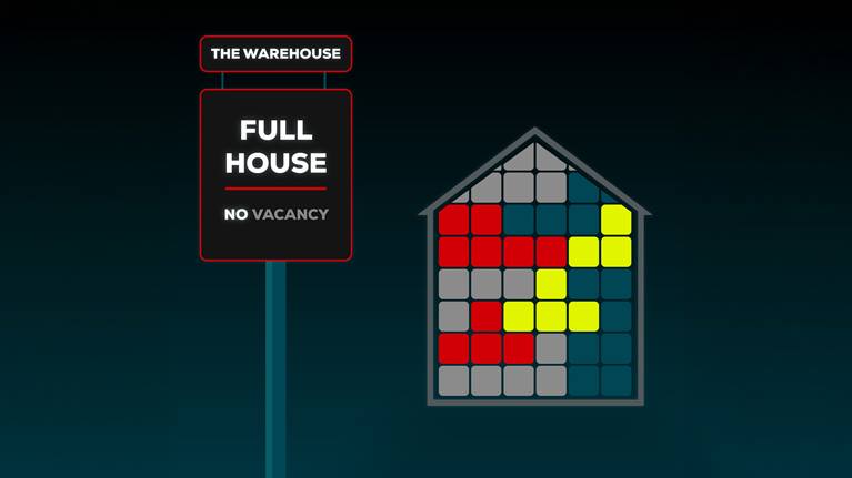 Warehouse storage utilisation graphic showing a full warehouse with no remaining capacity available.