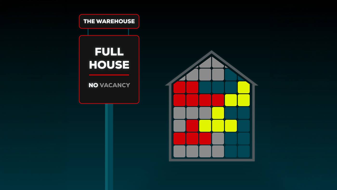 Warehouse storage utilisation graphic showing a full warehouse with no remaining capacity available.